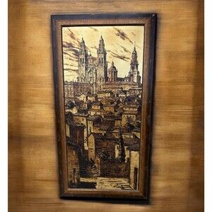 VTG Cathedral Santiago de Compostela Spain Oil Painting On Board Framed M Castro